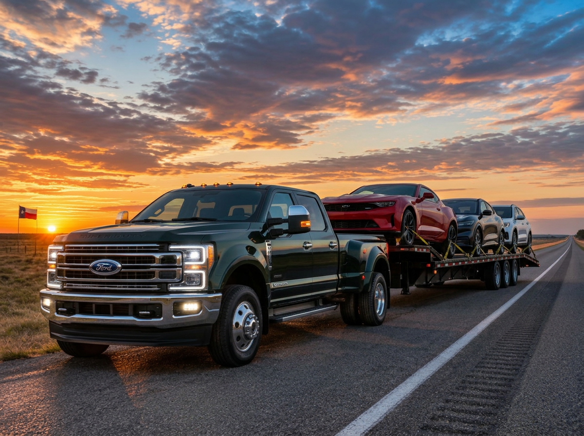 Brand-new Ford diesel truck hauling a loaded 3-car open trailer on a Texas highway at dawn